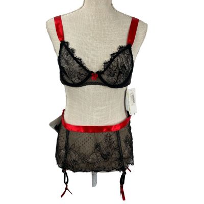 NEW Lover's Lane Lace Garterbelt Set Black Red Lingerie Size L Stockings NWT